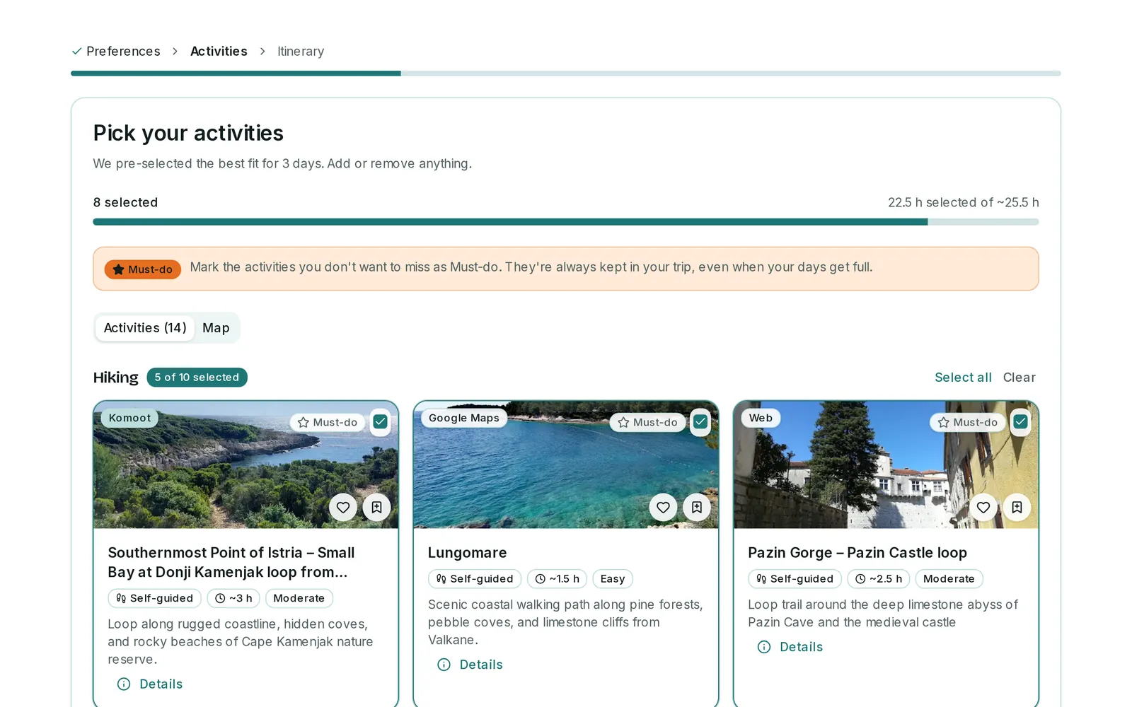 Choosing activities in the planner