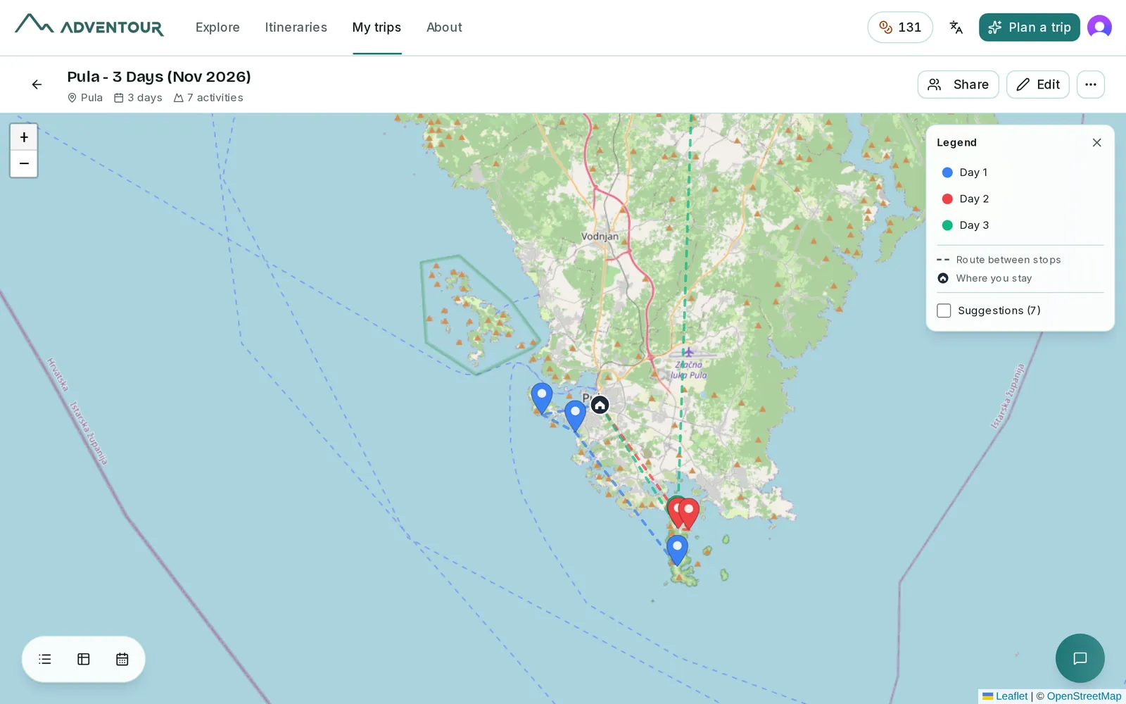 Trip map with colour-coded days